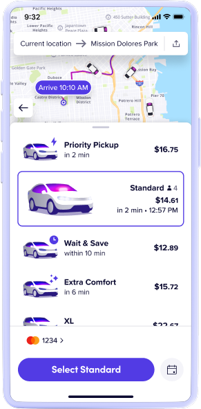 Lyft app screen showing route map, ride options with prices, and a highlighted Standard ride for $14.61.
