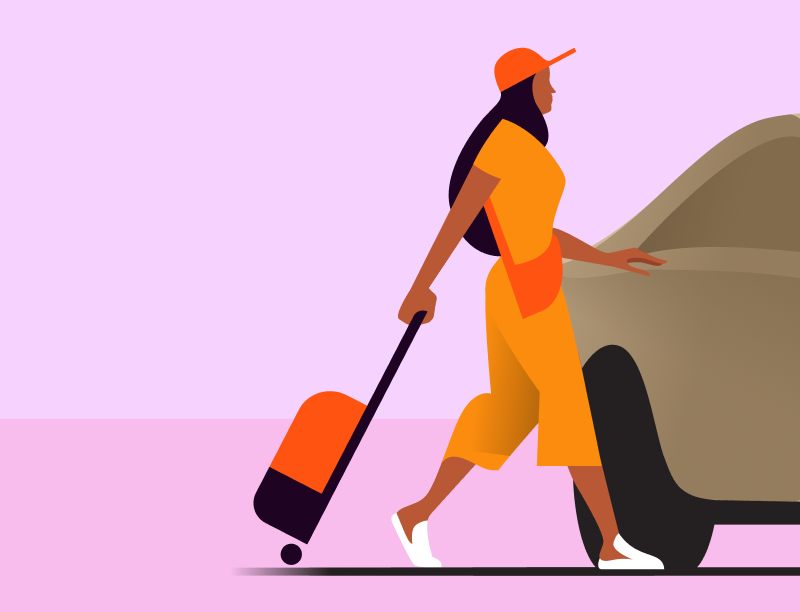 Woman in orange outfit and cap pulls a red suitcase toward a car on a pink background.