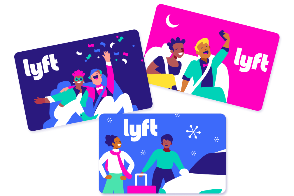 Three colorful Lyft gift cards showing people celebrating, taking selfies, and traveling with luggage in festive, vibrant scenes.